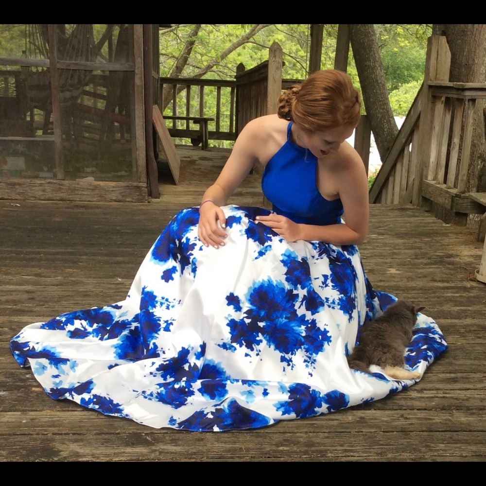 David’s Bridal: Mikado Halter Ball Gown with Floral print skirt